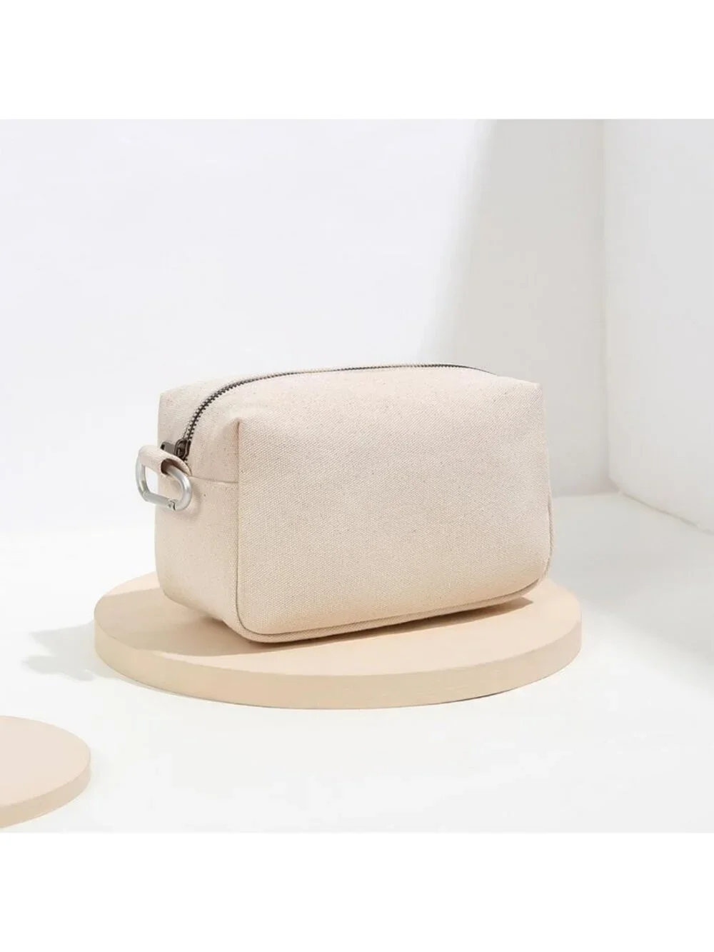 Stylish Travel Makeup Bag with Ring Clasp, Wristlet Organizer - Beige Cosmetic